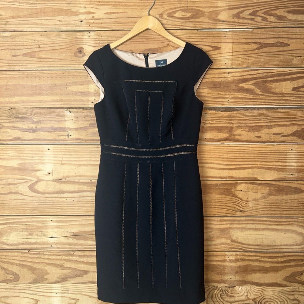 Adrianna Papell Black Midi Sheath Dress with Gold Contrast Stitching